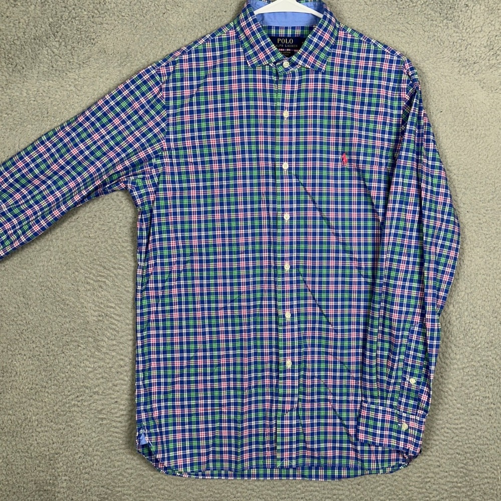 Polo Ralph Lauren Shirt Mens Medium Blue Green Pink Plaid Button-Up Stretch EUC